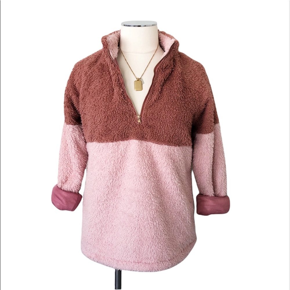 JOURNEY FIVE Women’s Colorblock 1/4 Gold Zip Teddy Pullover Blush Pink Sz M - Picture 4 of 9